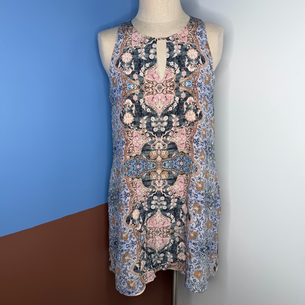 LAVENDER BROWN Sonna 100% Silk Key Hole Purple Pink Paisley Print‎ Dress Large